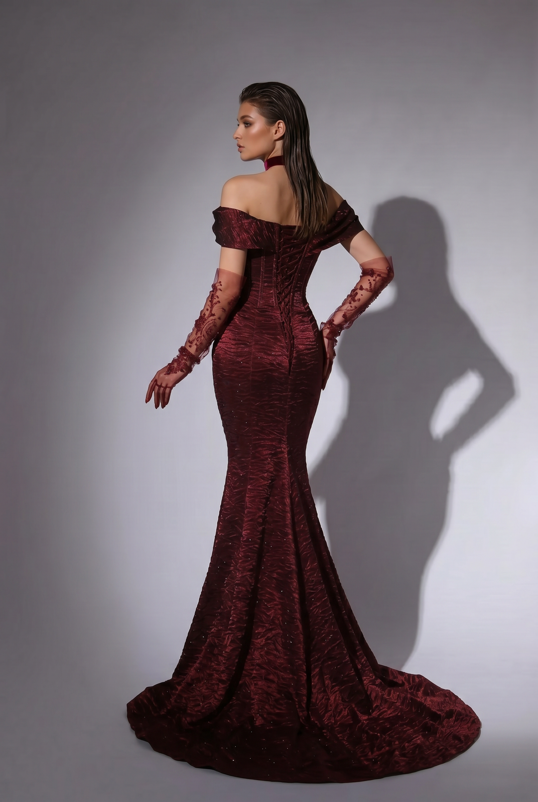 Burgundy Crinkled Satin Evening Dress - Elegant Off-the-Shoulder Red Evening Gown with Corset Plus Size