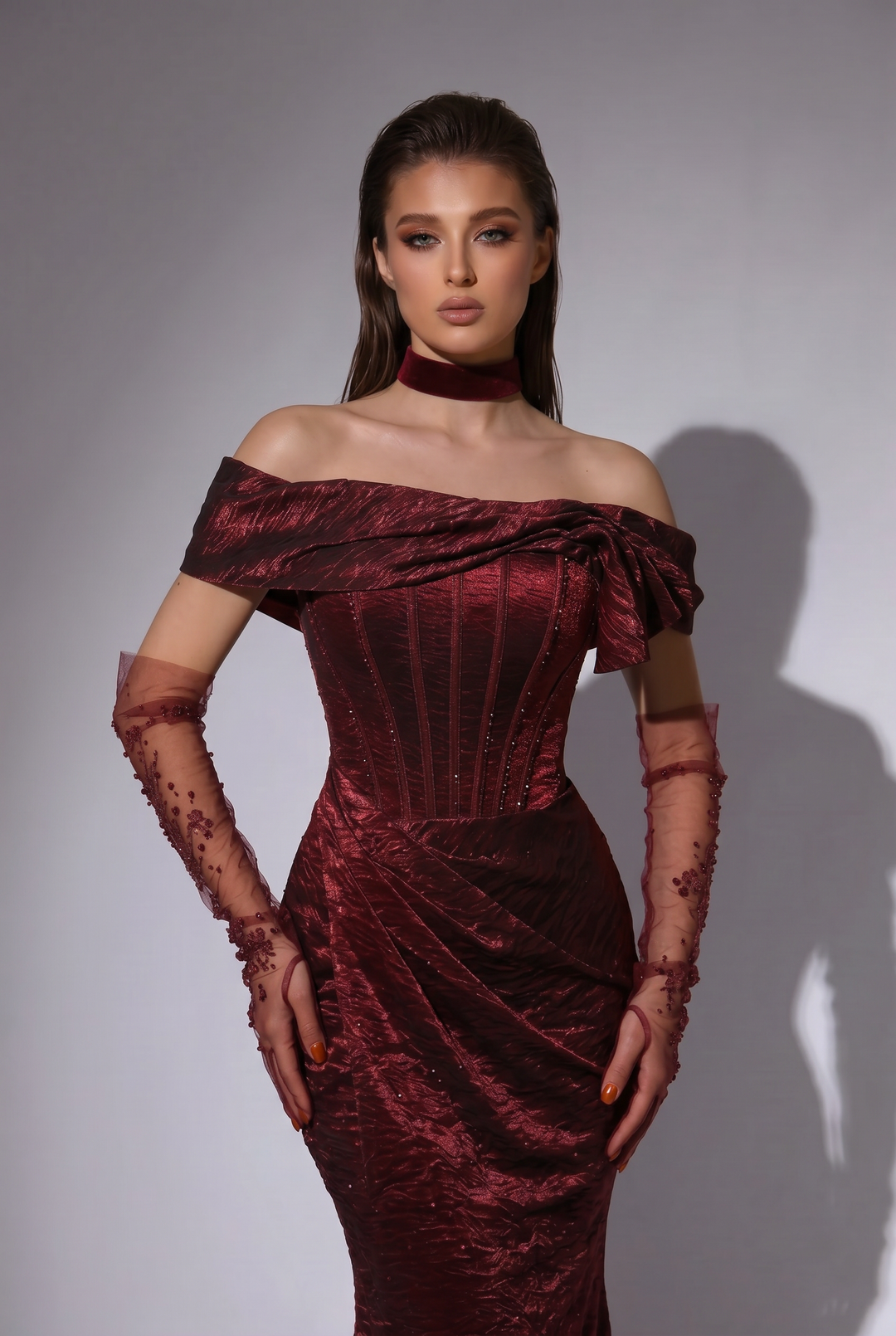 Burgundy Crinkled Satin Evening Dress - Elegant Off-the-Shoulder Red Evening Gown with Corset Plus Size