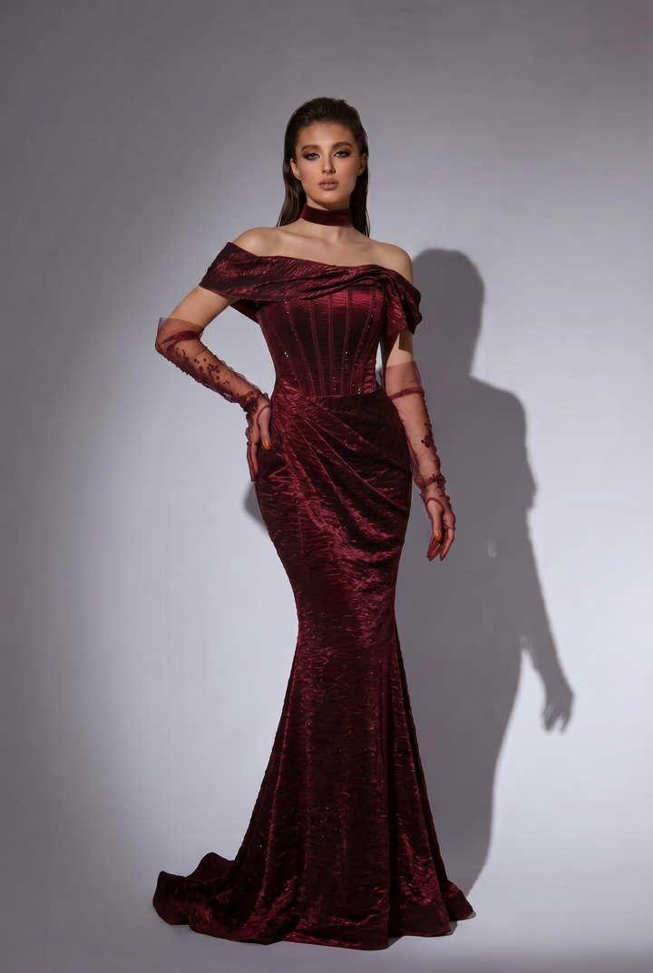 Burgundy Crinkled Satin Evening Dress - Elegant Off-the-Shoulder Red Evening Gown with Corset Plus Size
