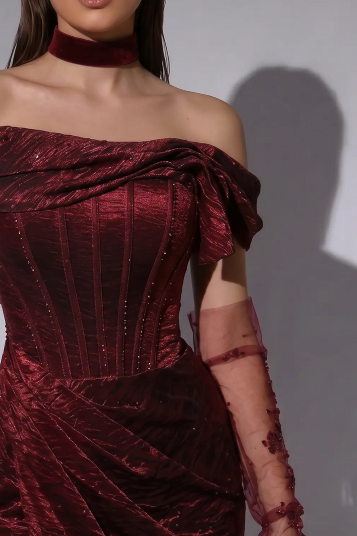 Burgundy Crinkled Satin Evening Dress - Elegant Off-the-Shoulder Red Evening Gown with Corset Plus Size