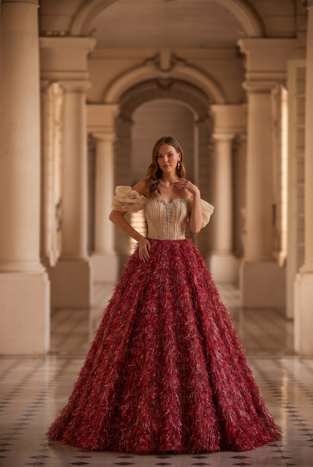 Burgundy Feathered Ball Gown with Crystal Corset Bodice and Draped Off Shoulder Sleeves Luxury Regal Evening Dress Couture Formal Gown Plus Size