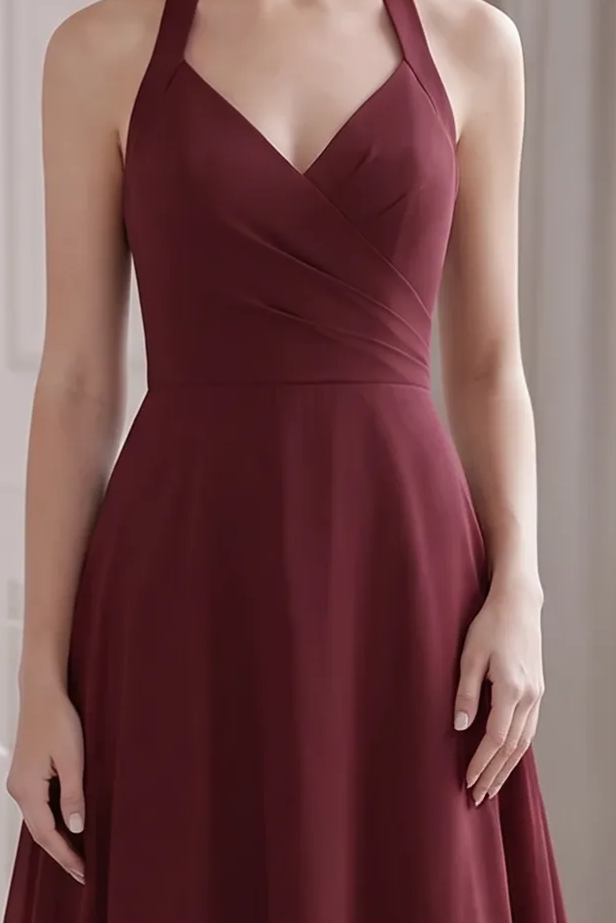 red halter neck bridesmaid dresses Burgundy Chiffon Dress with Pleated Bodice - Burgundy Bridesmaid - Multiple Color katherine