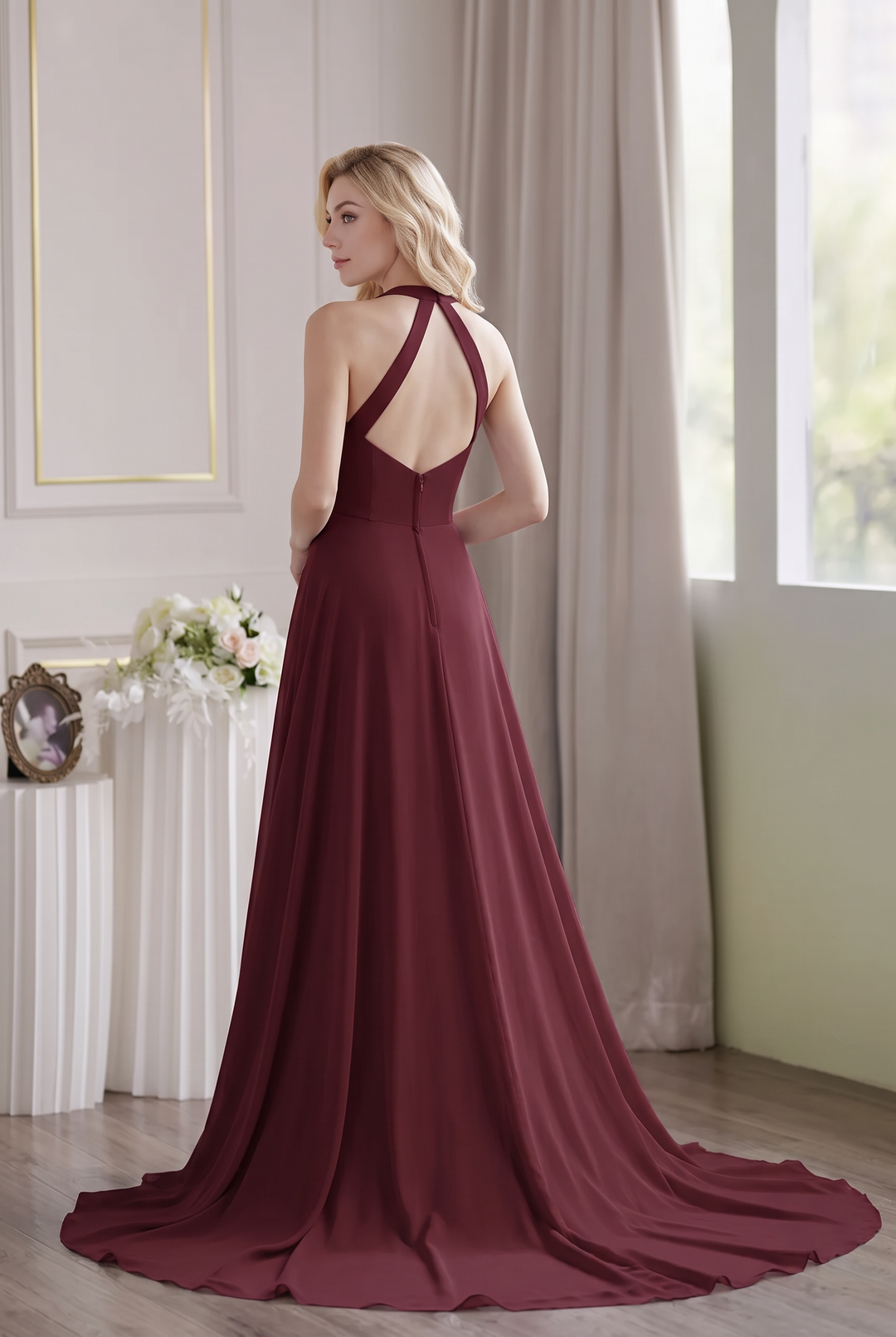 cheap maroon bridesmaid dresses Burgundy Halter Neck Chiffon Dress with Pleated Bodice Color:Pion Saint Laurent Backless Dresses Dark Teal Stretch Satin Bridesmaid Satin bridesmaid US 10 / UK