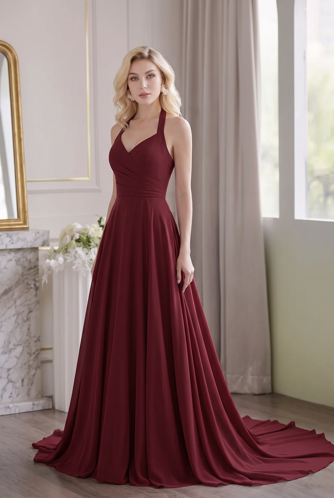 Burgundy Halter Neck Chiffon Bridesmaid Dress with Pleated Bodice