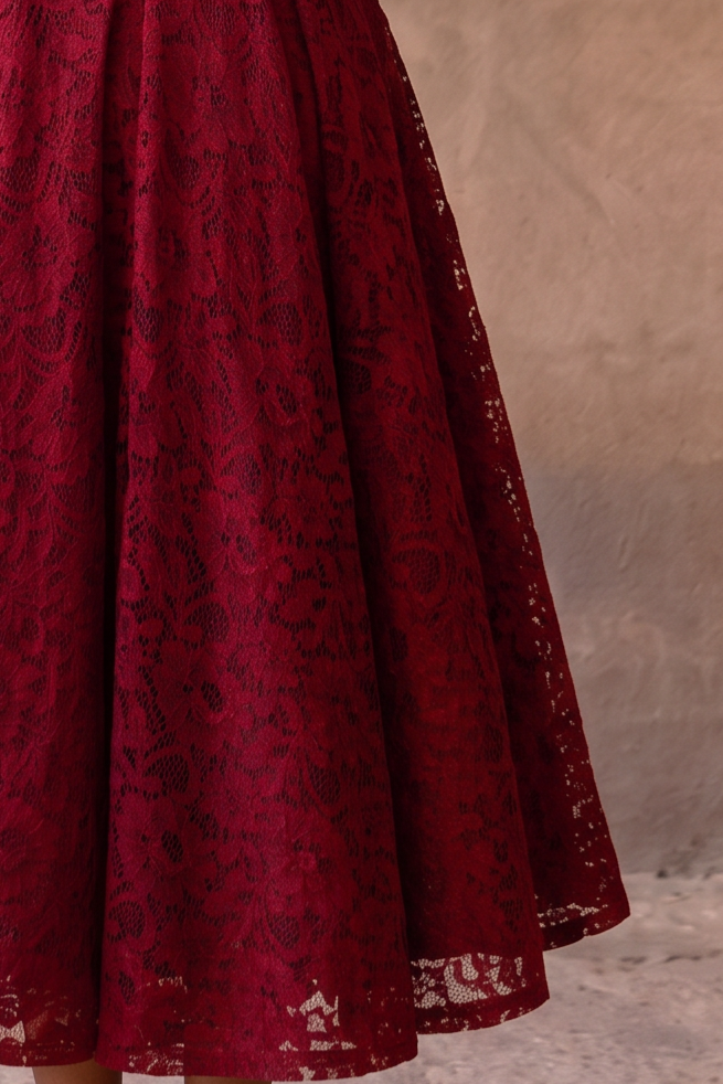 Burgundy Lace Tea Length Dress with V Neck 34 Sleeves Vintage Cocktail Dress Plus Size