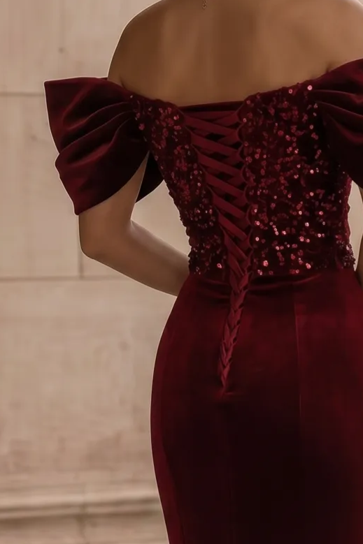 Burgundy Velvet Beaded Formal Dress With Sequins - For Wedding Plus Size