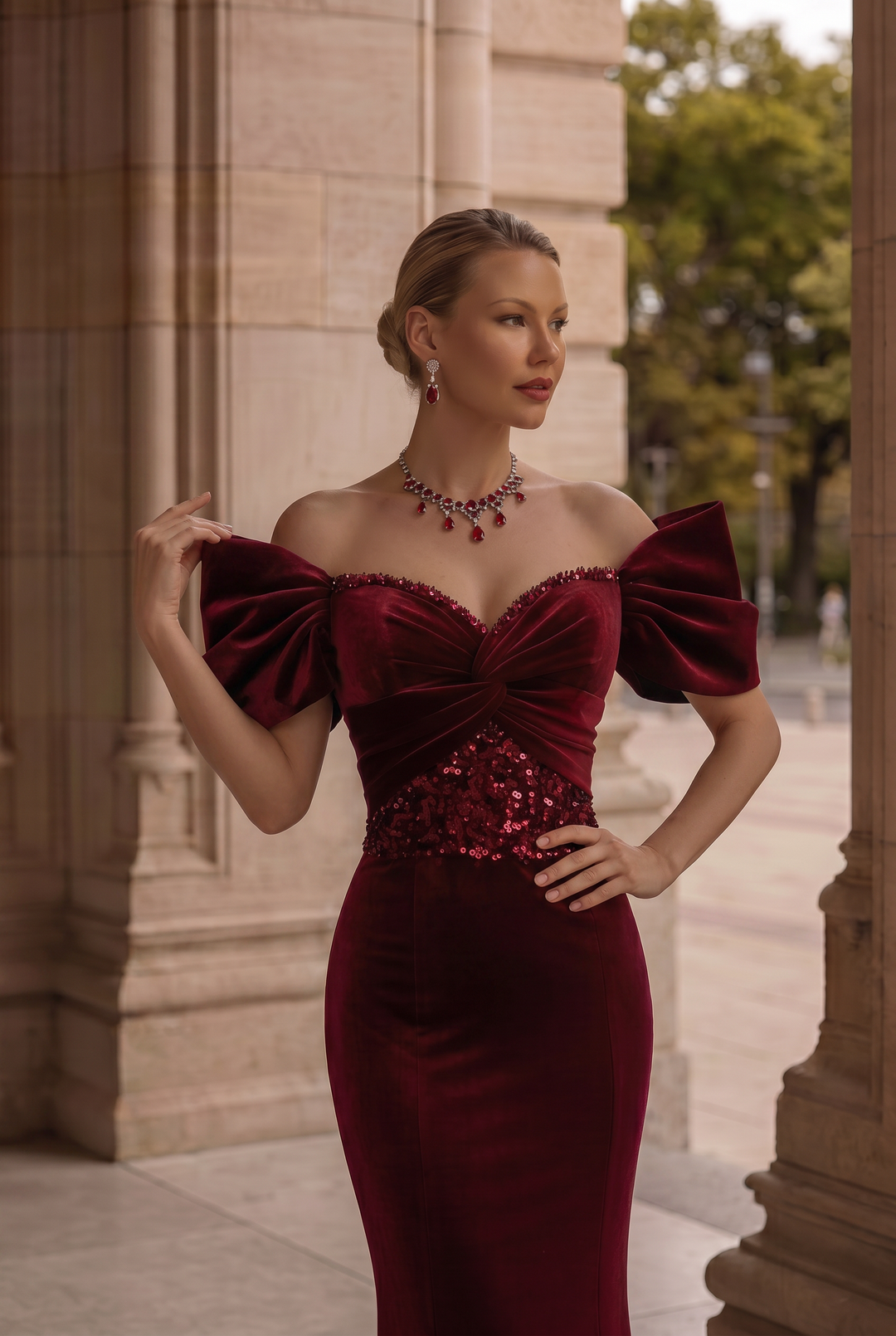 Burgundy Velvet Beaded Formal Dress With Sequins - For Wedding Plus Size