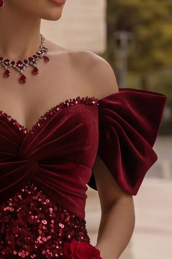 Burgundy Velvet Beaded Formal Dress With Sequins - For Wedding Plus Size