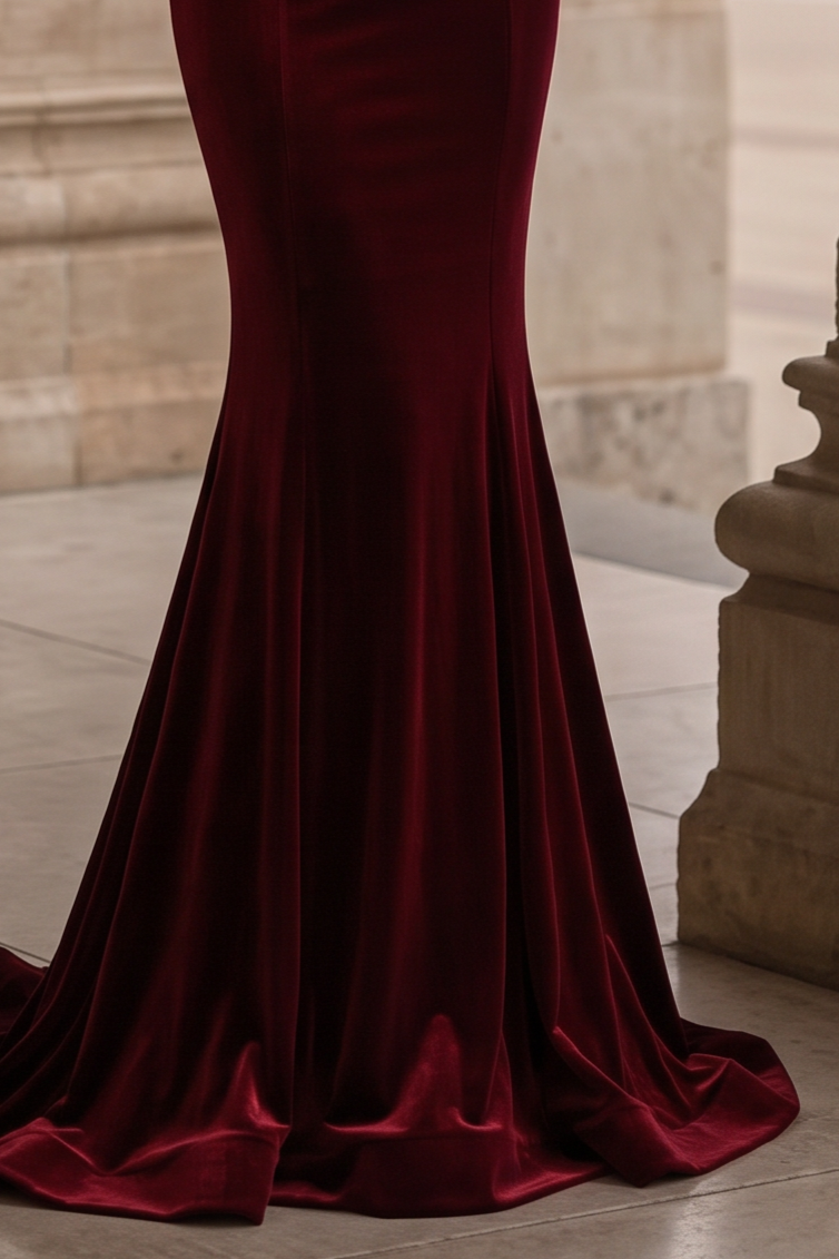 Burgundy Velvet Beaded Formal Dress With Sequins