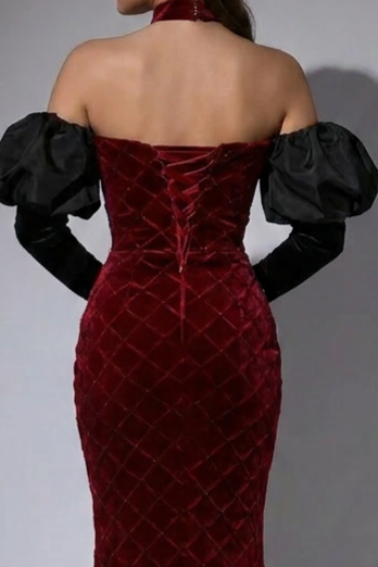 Burgundy Velvet Evening Dress with Pearl Chains - Off-the-Shoulder Dress with Sleeves - Red Evening Gown Plus Size
