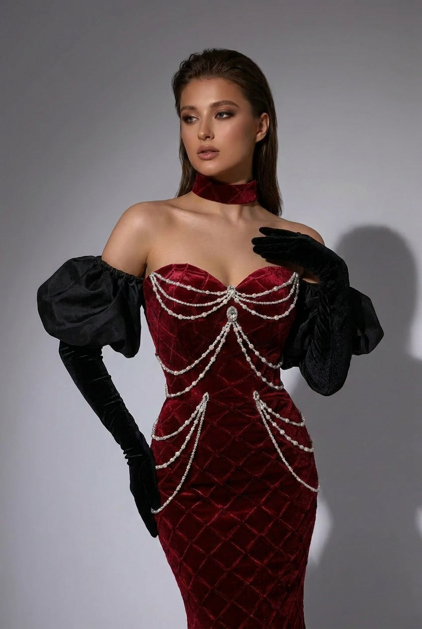 burgundy dress with gloves Velvet Evening Pearl Chains - Off-the-Shoulder Dress with Sleeves us-4-instock Place Of Origin Printed V-Neck Pleated A-Line colour:White
