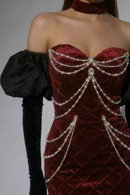 Burgundy Velvet Evening Dress with Pearl Chains - Off-the-Shoulder Dress with Sleeves - Red Evening Gown Plus Size