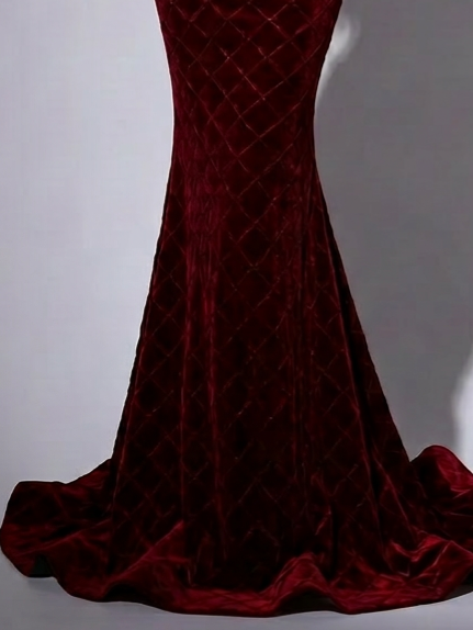 Burgundy Velvet Evening Dress with Pearl Chains - Off-the-Shoulder Dress with Sleeves - Red Evening Gown Plus Size