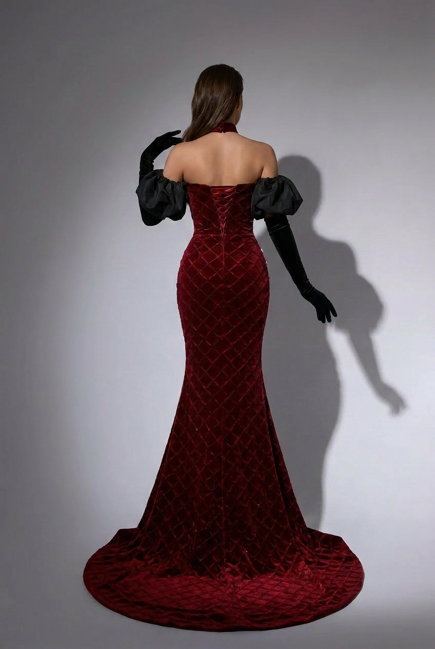 Burgundy Velvet Evening Dress with Pearl Chains - Off-the-Shoulder Dress with Sleeves