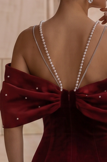 Burgundy Velvet Mermaid Formal Dress With Pearl Chain - Plus Size