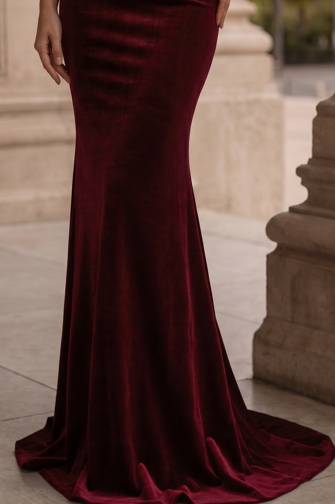 Burgundy Velvet Mermaid Formal Dress With Pearl Chain - Plus Size
