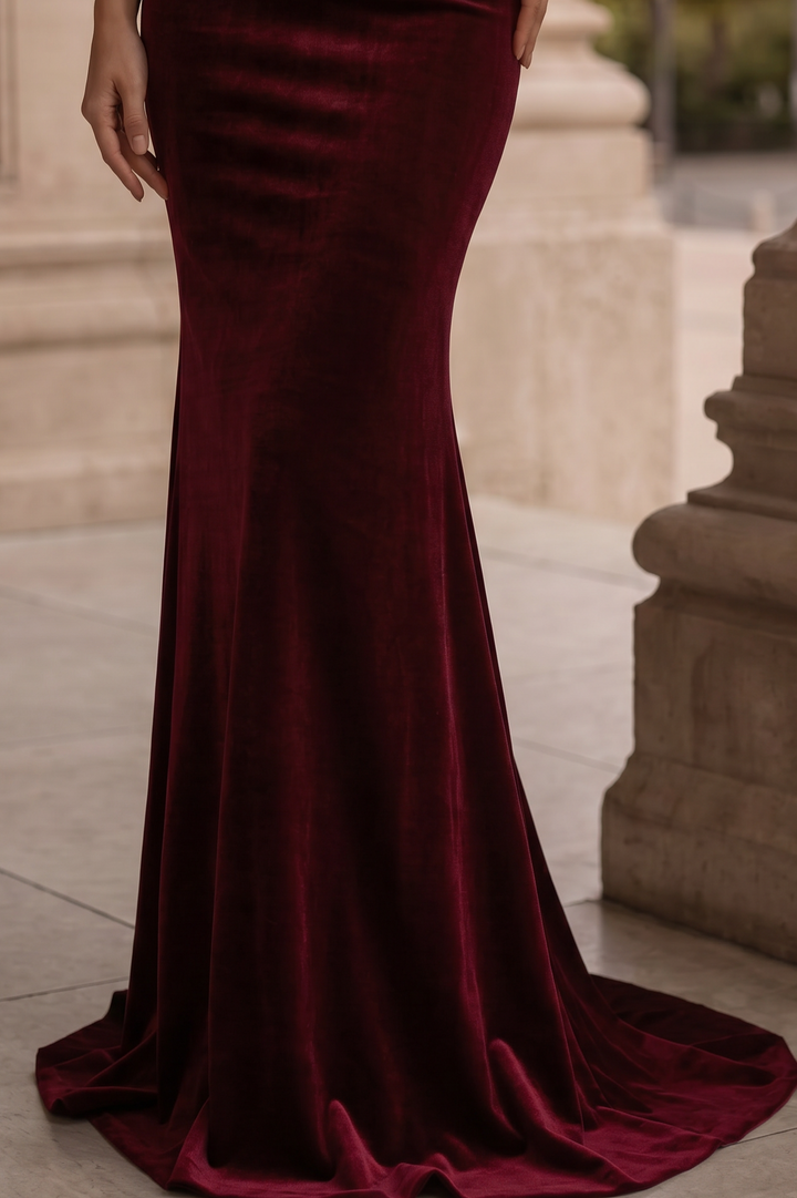 Burgundy Velvet Mermaid Formal Dress With Pearl Chain - Plus Size