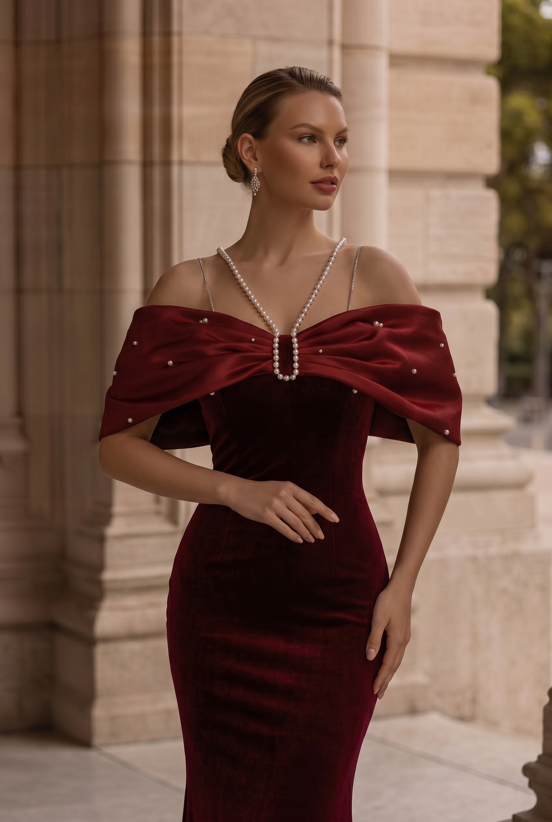 Burgundy Velvet Mermaid Formal Dress With Pearl Chain - Plus Size