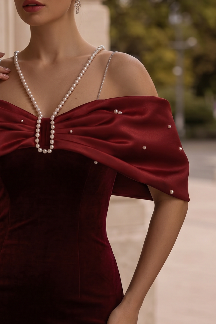 Burgundy Velvet Mermaid Formal Dress With Pearl Chain - Plus Size