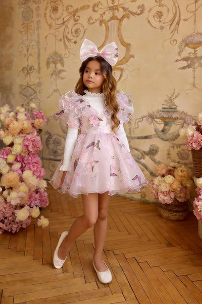 Butterfly Print Pink Flower Girl Dress for Wedding – Long Sleeve Tulle Plus Size 5Y