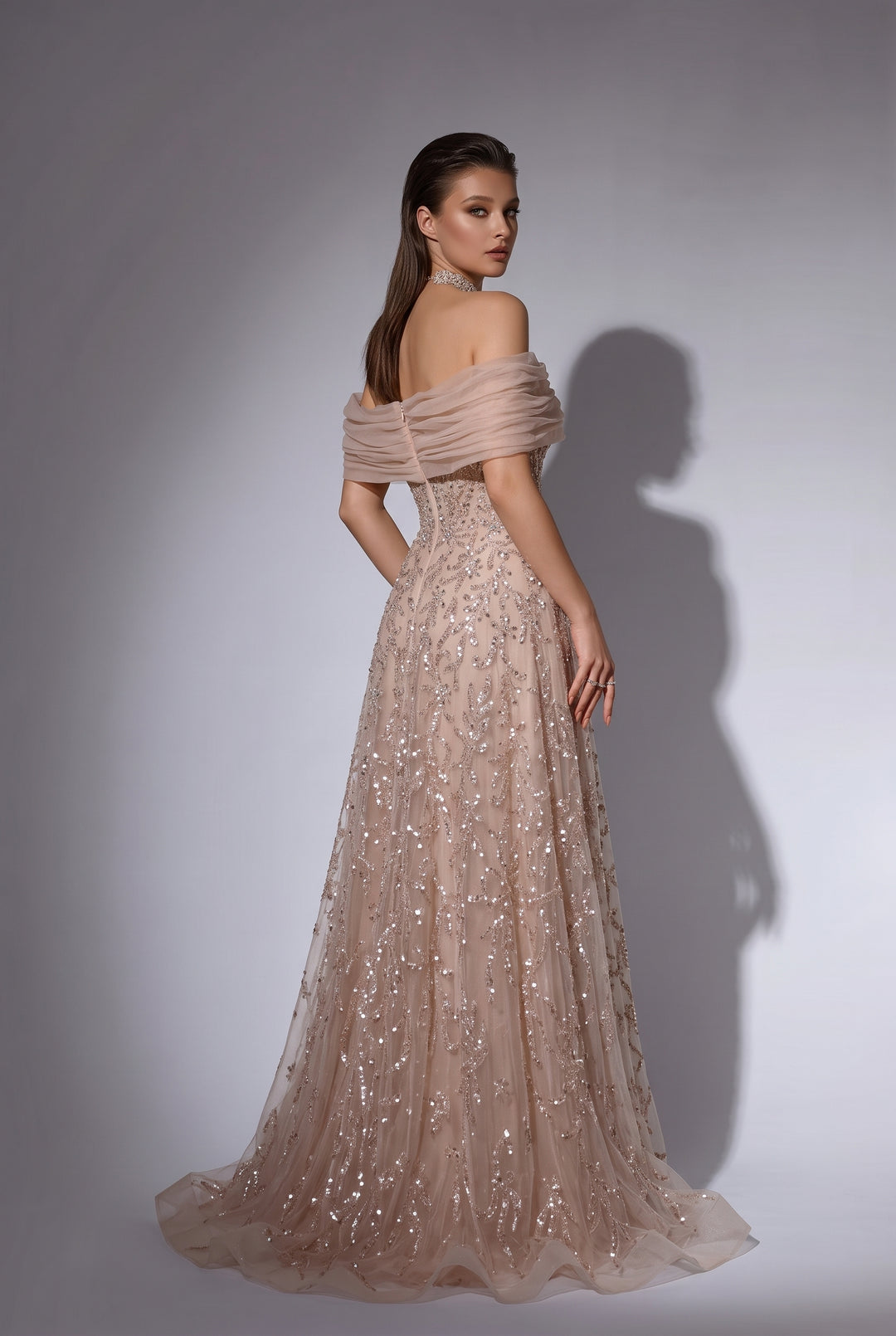 Champagne A-Line Evening Gown with Off-the-Shoulder Draped Tulle, Hand-Beaded Sequin Embroidery and Corset Bodice Plus Size