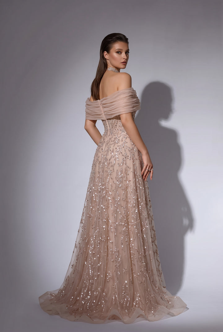 Champagne A-Line Evening Gown with Off-the-Shoulder Draped Tulle, Hand-Beaded Sequin Embroidery and Corset Bodice Plus Size