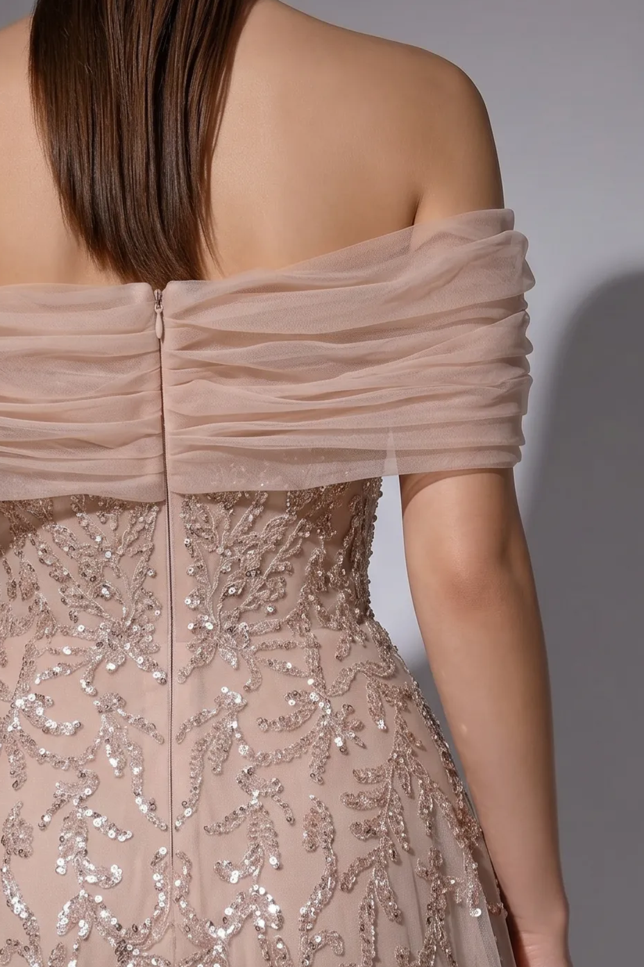 Champagne A-Line Evening Gown with Off-the-Shoulder Draped Tulle, Hand-Beaded Sequin Embroidery and Corset Bodice Plus Size