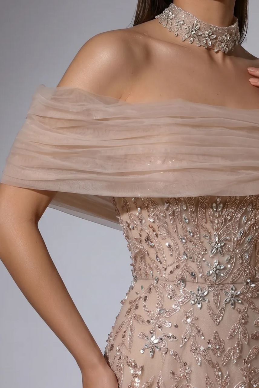 Champagne A-Line Evening Gown with Off-the-Shoulder Draped Tulle, Hand-Beaded Sequin Embroidery and Corset Bodice Plus Size