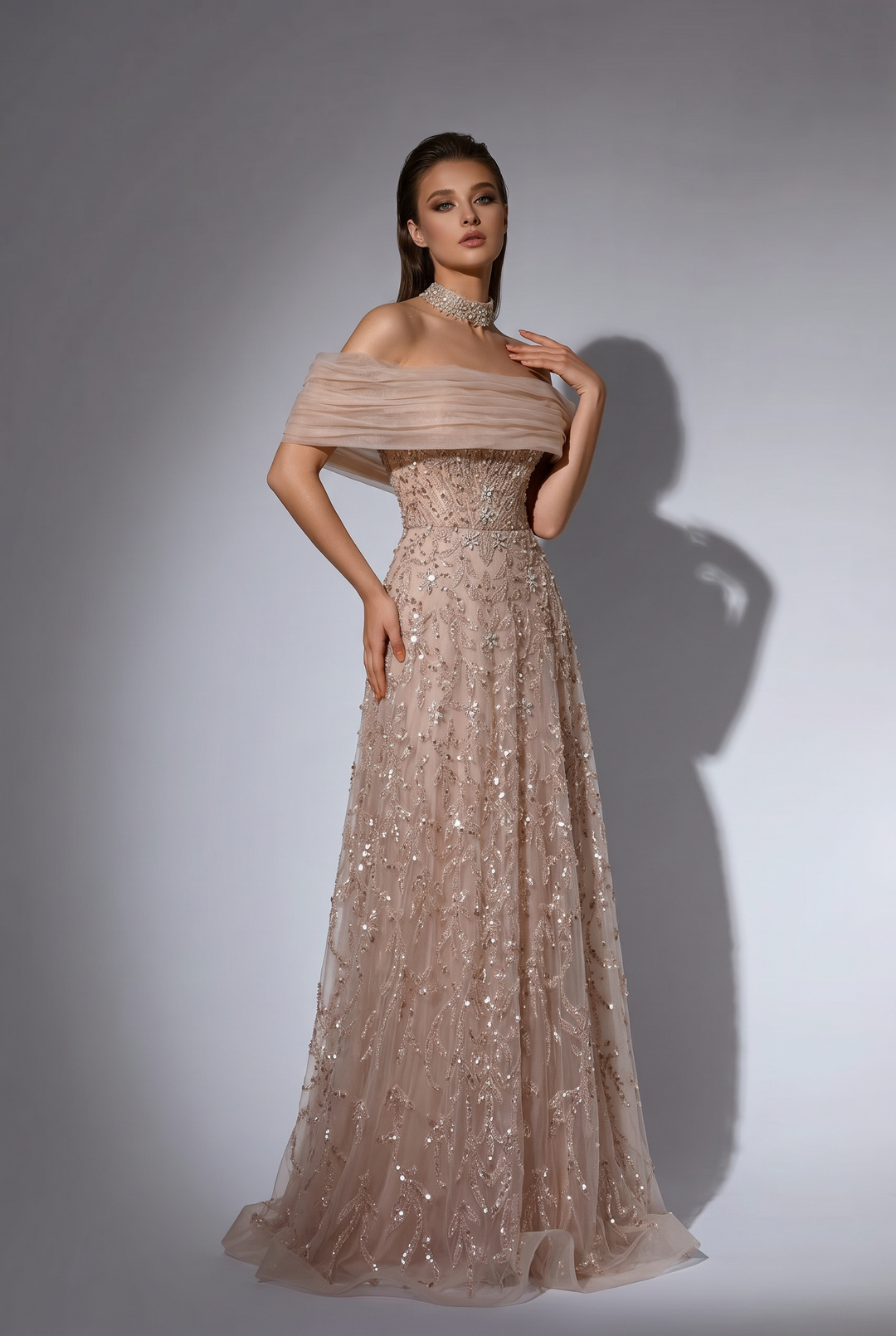 Champagne A-Line Evening Gown with Off-the-Shoulder Draped Tulle, Hand-Beaded Sequin Embroidery and Corset Bodice Plus Size