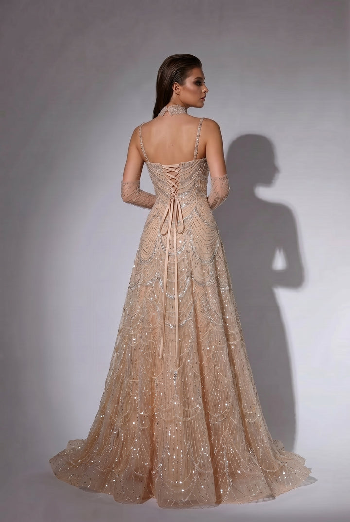 Champagne Beaded A-Line Evening Gown with Spaghetti Straps, Corset Back and Matching Gloves – Formal Dress Plus Size