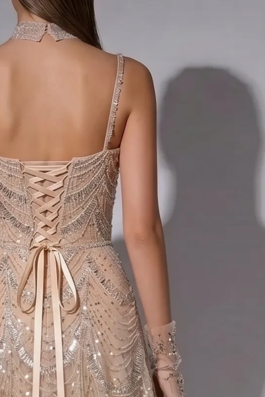 Champagne Beaded A-Line Evening Gown with Spaghetti Straps, Corset Back and Matching Gloves – Formal Dress Plus Size