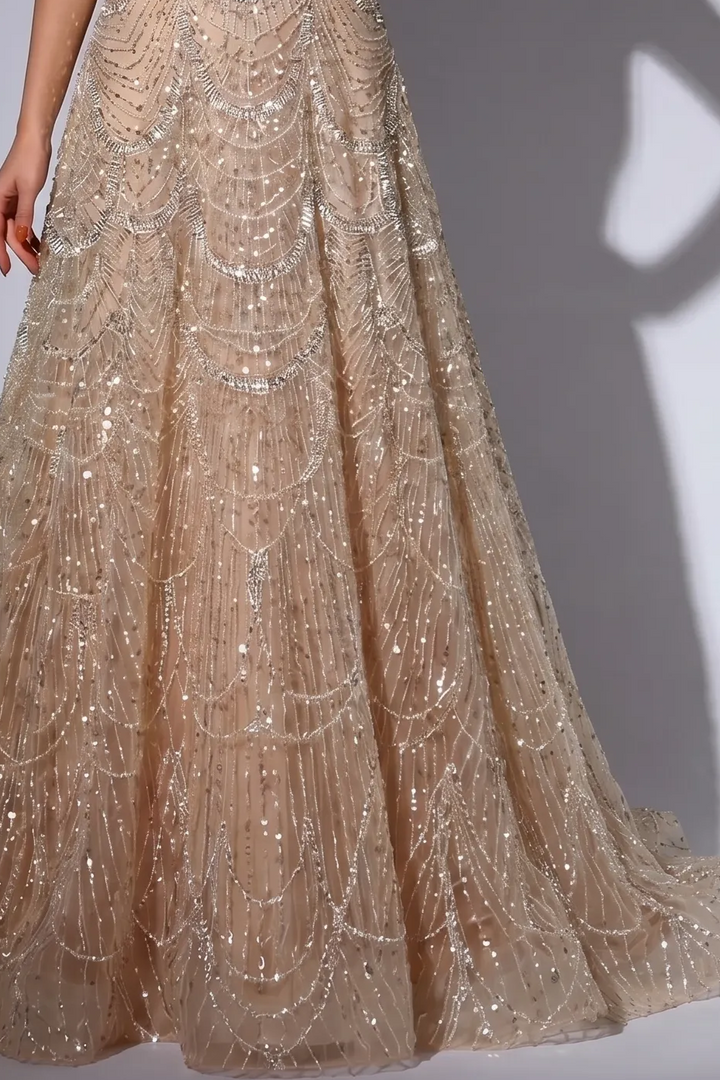 Champagne Beaded A-Line Evening Gown with Spaghetti Straps, Corset Back and Matching Gloves – Formal Dress Plus Size