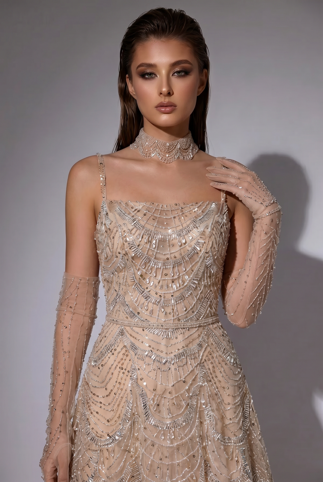 Champagne Beaded A-Line Evening Gown with Spaghetti Straps, Corset Back and Matching Gloves – Formal Dress Plus Size