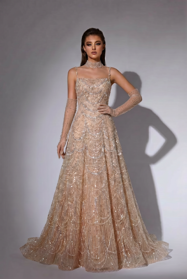Champagne Beaded A-Line Evening Gown with Spaghetti Straps, Corset Back and Matching Gloves – Formal Dress Plus Size