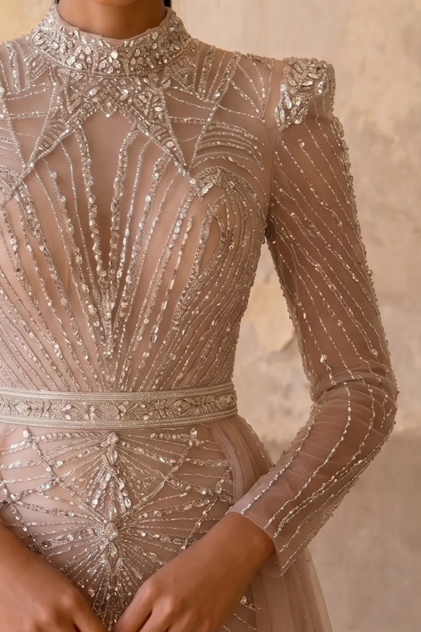 Champagne Beaded Evening Gown with Illusion High Neck, Long Sleeves and Detachable Overskirt – Formal Dress Plus Size