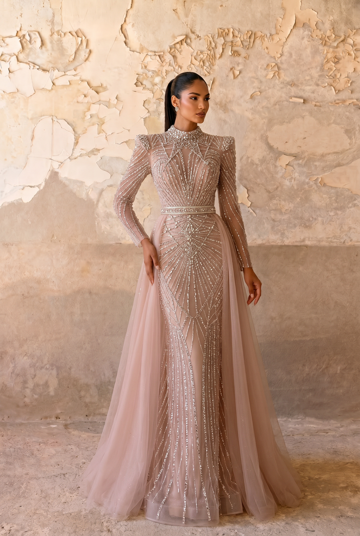 Champagne Beaded Evening Gown with Illusion High Neck, Long Sleeves and Detachable Overskirt – Formal Dress Plus Size Size 24W / Champagne