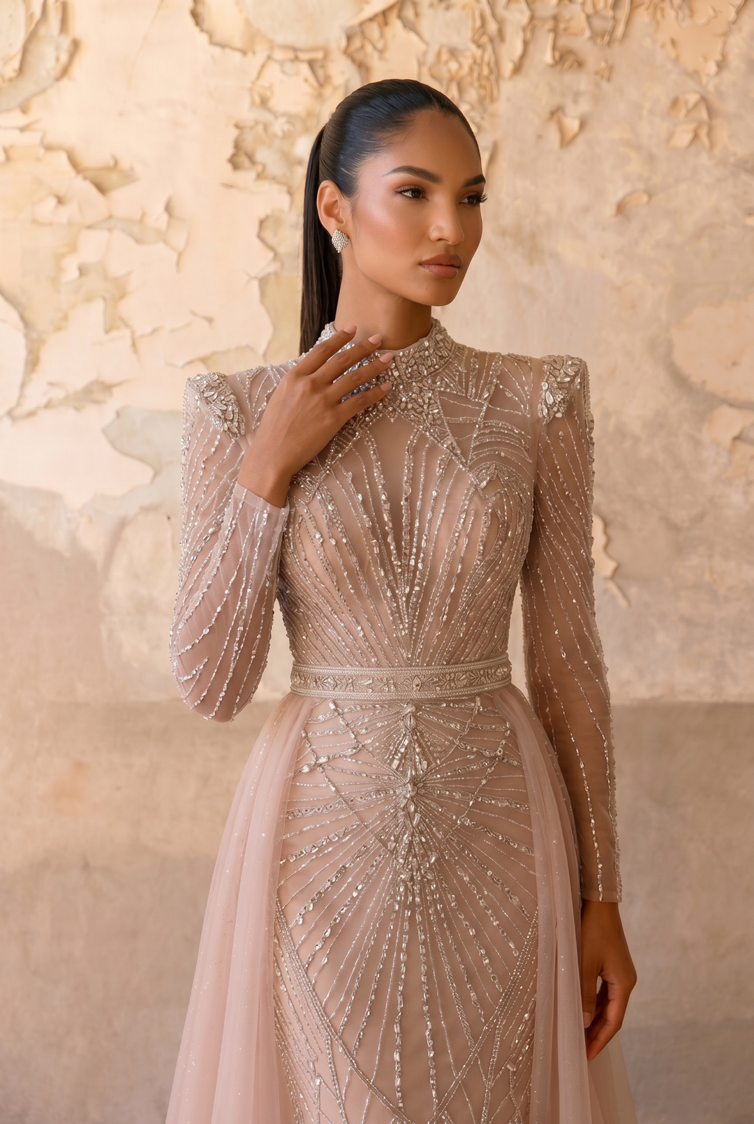 Champagne Beaded Evening Gown with Illusion High Neck, Long Sleeves and Detachable Overskirt – Formal Dress Plus Size