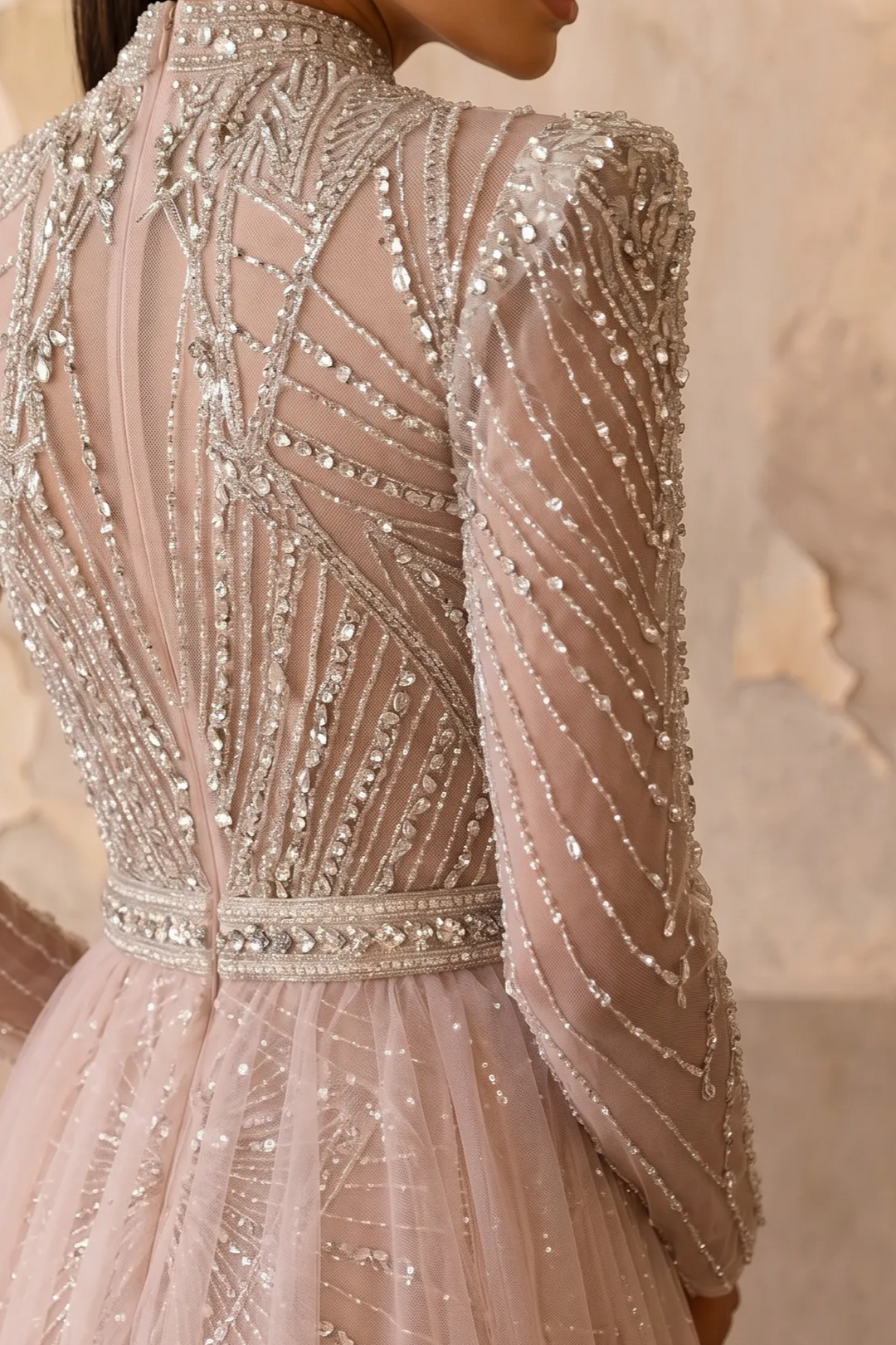 Champagne Beaded Evening Gown with Illusion High Neck, Long Sleeves and Detachable Overskirt – Formal Dress Plus Size