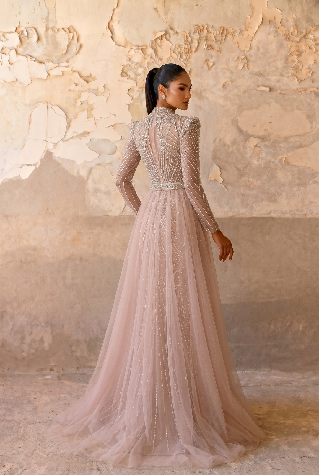Champagne Beaded Evening Gown with Illusion High Neck, Long Sleeves and Detachable Overskirt – Formal Dress Plus Size