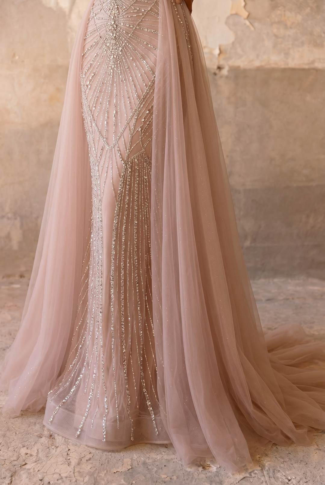 Champagne Beaded Evening Gown with Illusion High Neck, Long Sleeves and Detachable Overskirt – Formal Dress Plus Size