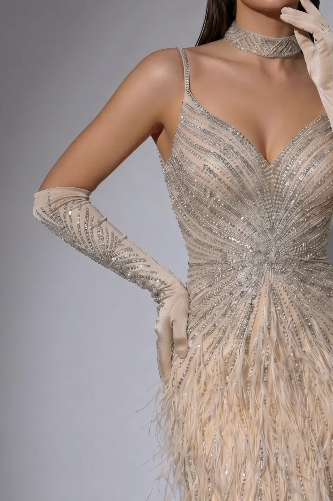 Champagne Beaded Feather Cocktail Dress with Spaghetti Straps, Open Back and Matching Gloves Plus Size
