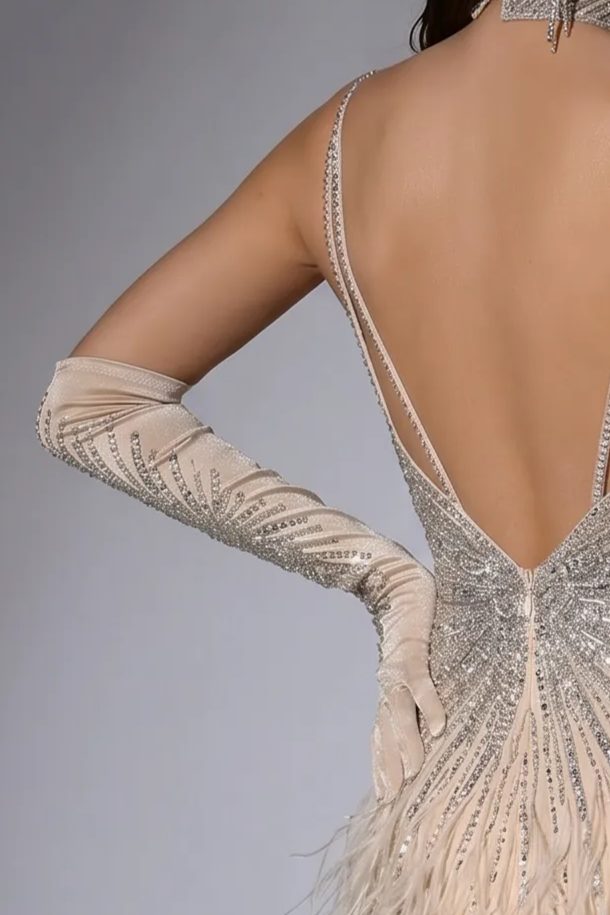 Champagne Beaded Feather Cocktail Dress with Spaghetti Straps, Open Back and Matching Gloves Plus Size