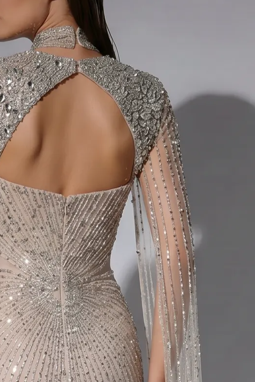 Champagne Beaded Mermaid Evening Gown with Crystal Cape Sleeves and Choker Neck Detail – Formal Dress Plus Size