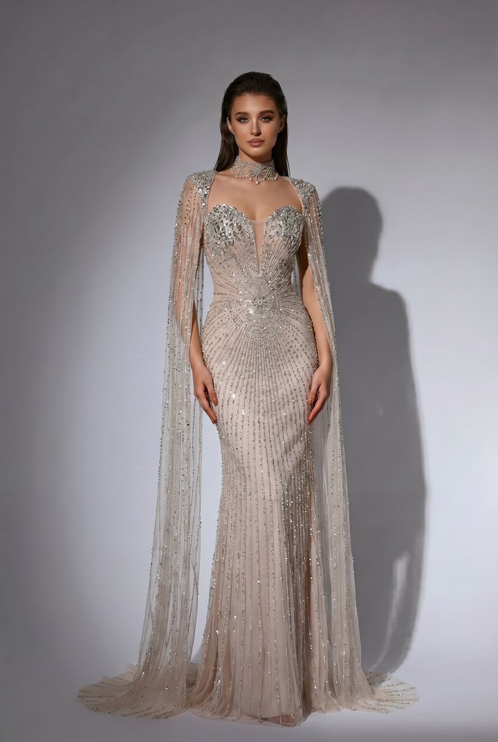 Champagne Beaded Mermaid Evening Gown with Crystal Cape Sleeves and Choker Neck Detail – Formal Dress Plus Size