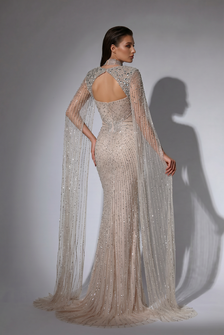 Champagne Beaded Mermaid Evening Gown with Crystal Cape Sleeves and Choker Neck Detail – Formal Dress Plus Size