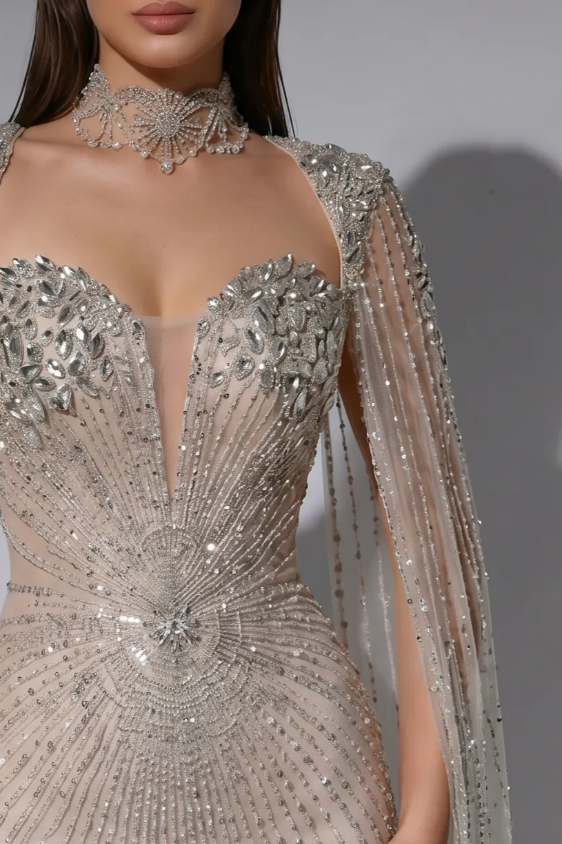 Champagne Beaded Mermaid Evening Gown with Crystal Cape Sleeves and Choker Neck Detail – Formal Dress Plus Size