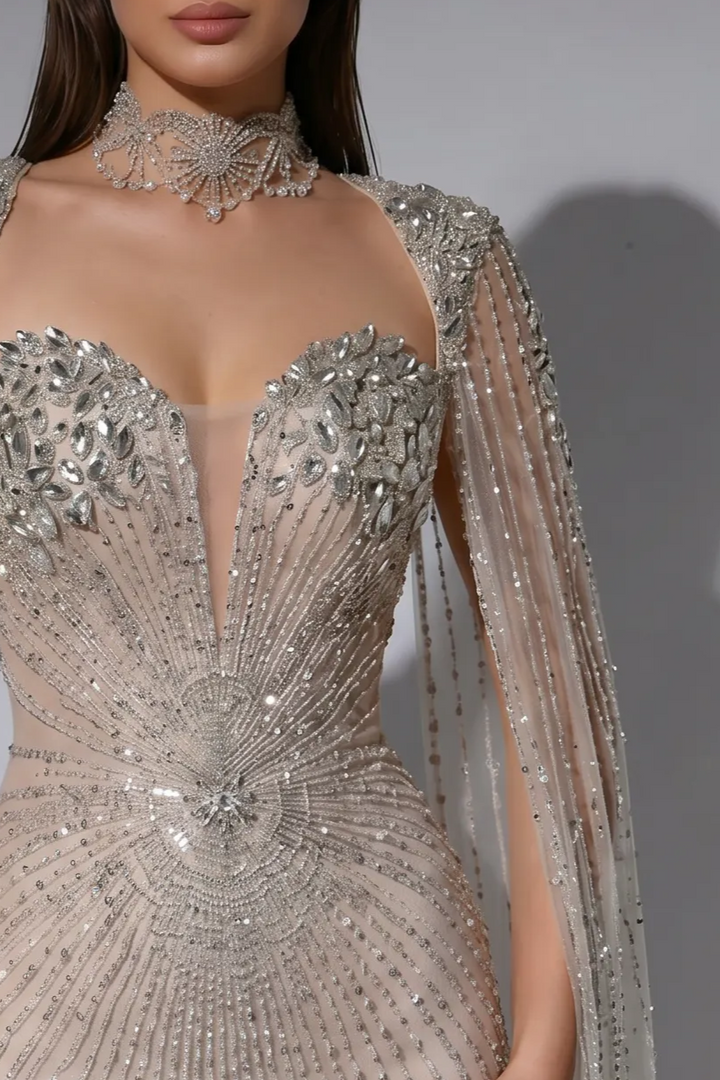 Champagne Beaded Mermaid Evening Gown with Crystal Cape Sleeves and Choker Neck Detail – Formal Dress Plus Size