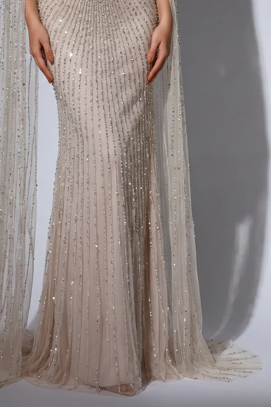 Champagne Beaded Mermaid Evening Gown with Crystal Cape Sleeves and Choker Neck Detail – Formal Dress Plus Size