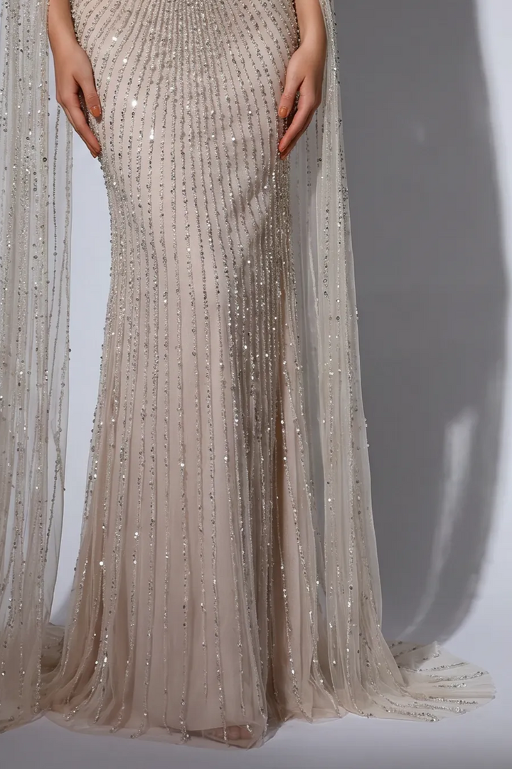 Champagne Beaded Mermaid Evening Gown with Crystal Cape Sleeves and Choker Neck Detail – Formal Dress Plus Size