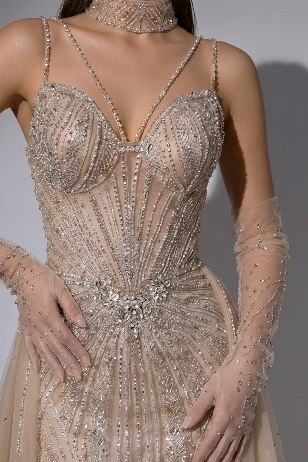 Champagne Beaded Mermaid Evening Gown with Crystal Spaghetti Straps, Detachable Overskirt and Illusion Gloves – Formal Dress Plus Size